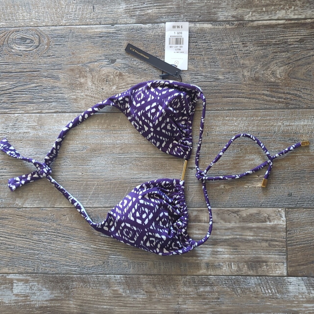 ViX Paula Hermanny "Agave" triangle halter bikini top sz L purple & white NWT